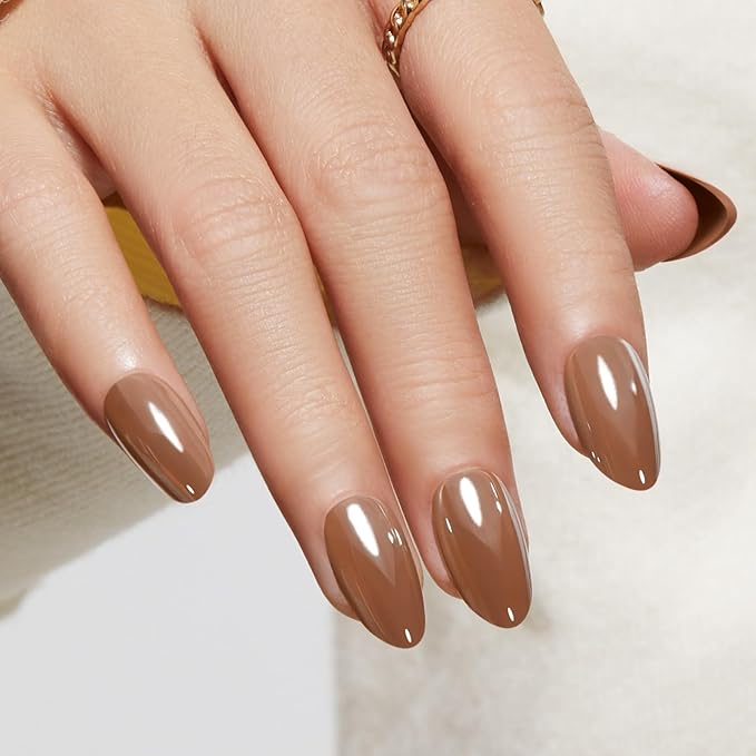 Modelones Brown Press on Nails Almond, Short Chrome Fake Nails, Reusable Nail Kit with Nail Glue Adhesive Tabs Mini Nail File, Nails Press Ons 32Pcs 16Sizes