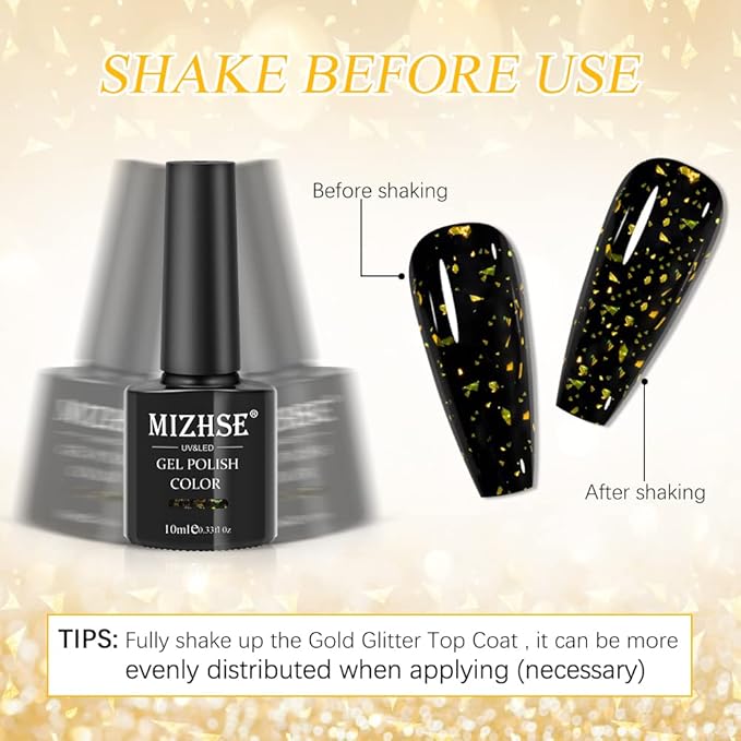 MIZHSE Gold Glitter Gel Nail Polish, Glitter Sequins Gel Polish Sparkle Shiny Christmas Soak Off U V LED Gels Polish for Nail Salon & Home DIY Manicure 10ml