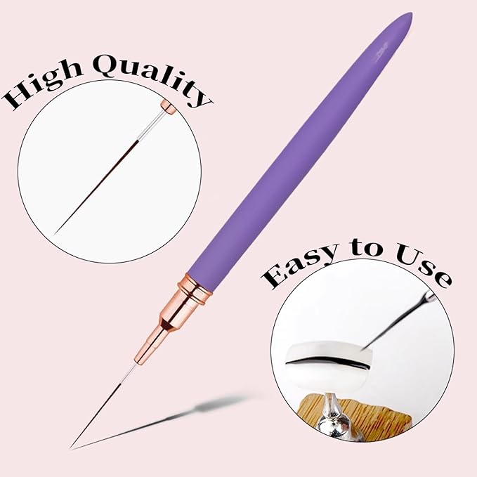 Thin Fine Line Nail Art Brush, 5 Pack Skinny Detail Long (25Mm) Medium(15/11/11Mm) Short (9Mm) Bristle Nails Brushes for Nails Art Painting Drawing - Purple