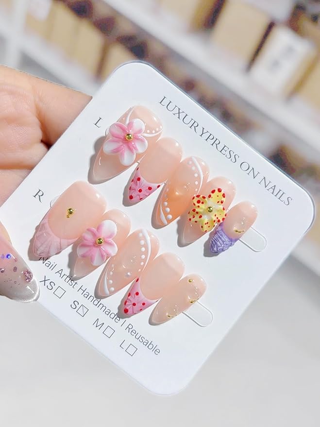 10 Pcs Handmade Reusable Almond press on nails | Misty Floral Cluster with Pink-Orange-Purple 3D Embossed Polka Dots & Pearls, For Women & Girls, Daily & Party Wear (A19, M)