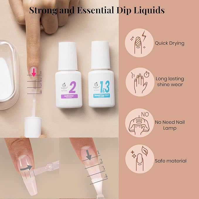 Beetles Nail Dip Powder Kit for Building An Apex, Clear Dipping Powder with 2 in 1 Base Top Coat Activator Dip System Nail Extension Nail Repair French Manicure Dip Manis Nail Art Kit for Nail Starter