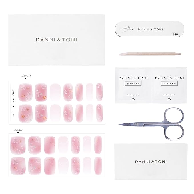 DANNI & TONI Semi Cured Gel Nail Strips Floral (Petal Kiss) Pink White Ombre Gel Nail Wraps 28 Stickers