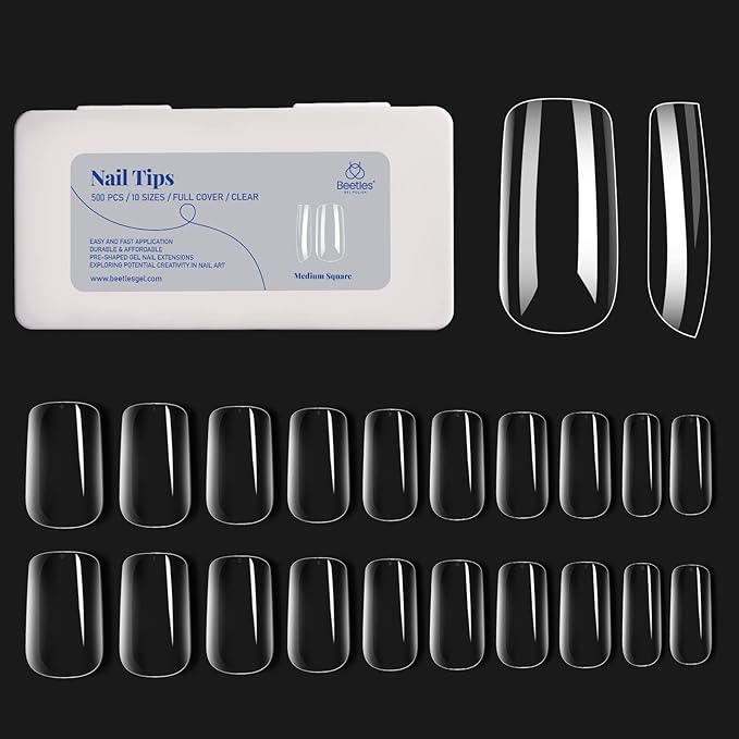 Beetles Medium Square Nail Tips, 500Pcs Nail Kit Medium Square Pre Shaped Clear Full Cover False Nails for Gel Art Polish Soak Off Lamp Nail Extensions Acrylic Press on Nail Tips