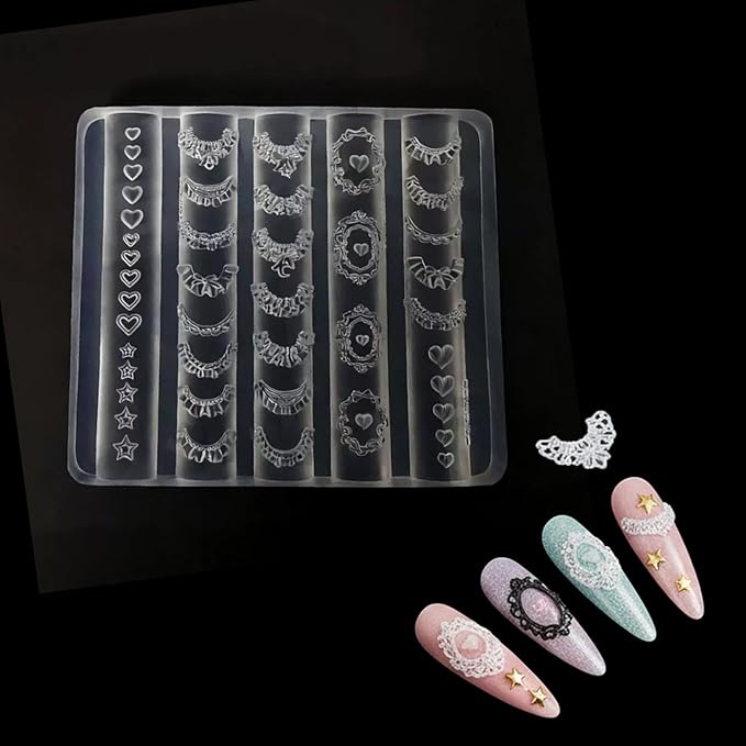 Lace Hearts Nail Mold Silicone DIY 3D French Tips Decoration Molding Tray for Resin Gel Manicure Craft Designs