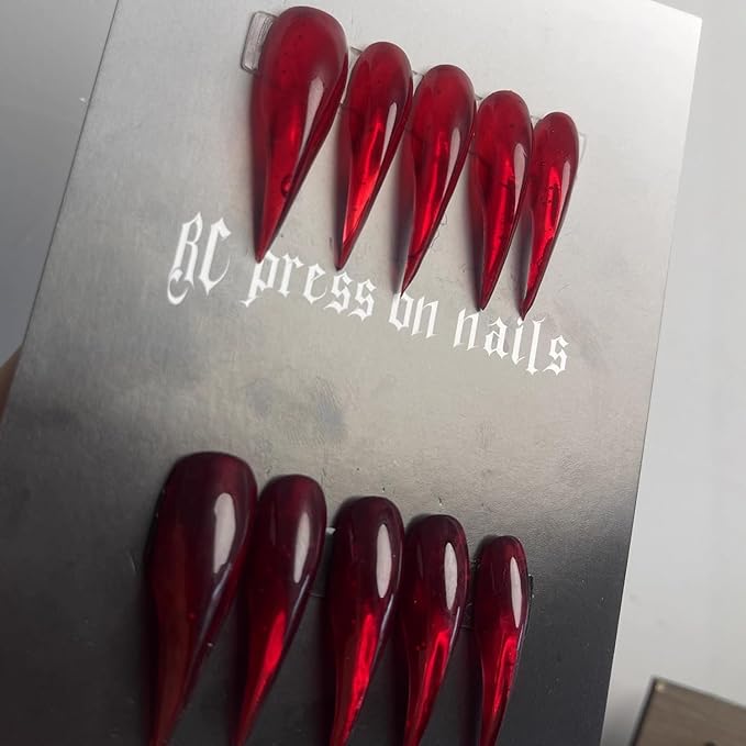 Luxury Press on Nails Long Curved Stiletto Handmade Eagle Claw Unique Reusable ABS Material Red Fake Nails Dragon Claw False Nails with Designs Cat Claw Glossy Glue on Nail Thick Acrylic Nail(M)