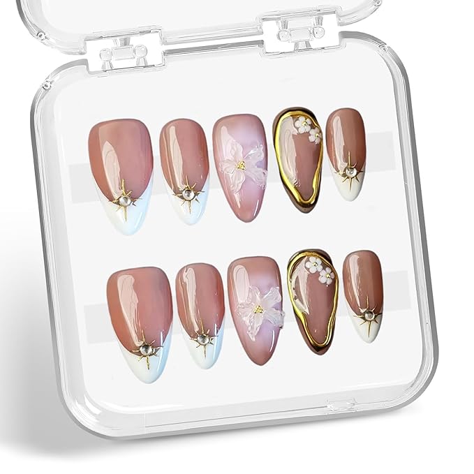 White French Tip Press on Nails Short Almond Fake Nails Handmade Press on Nails Flower False Nails Golden Embossed Designs Full Cover Muti-Layer Gel Stick on Nail Acrylic Nails for Women (Size M)