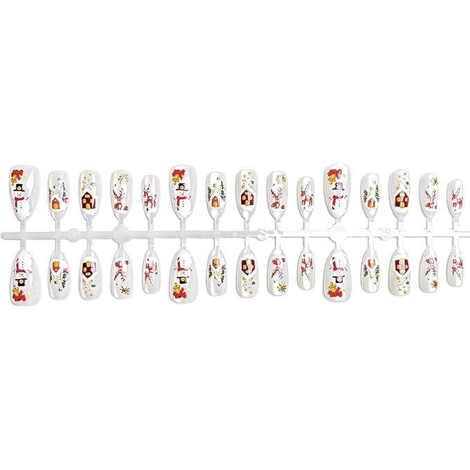 30Pcs Christmas Press on Nails Medium Almond Fake Nails Xmas Snowman False Nails with Gold Designs White Glossy on Nails Elk House Stick on Nail Full Cover Acrylic Nail for Women Manicure