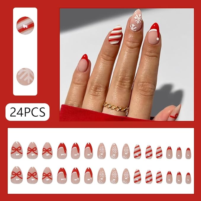 Christmas Nails Press On, Short Almond Press On Nails Red French Fake Nails With Bow Stripes Designs Acrylic Artificial Glue On False Nail Press Ons Stick On Nail for Women Girls