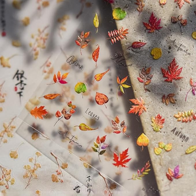 Maple Leaf Nail Stickers Fall Nail Art Decals Autumn Leaves with Design 5D Embossed Self Adhesive Nails Stickers for Nail Art Manicure Supply Decoration for Women Girls Kid 2 Sheets