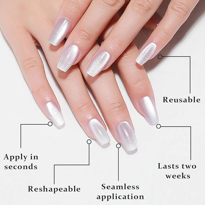 evpct Cat Eye Coffin Press on Nails Square Medium, Medium Square Stick on Nails for Women Gift, Light Lavender Purple Metallic Glitter Glossy Reusable Spring Summer Gel Press on Fake Nail with Designs