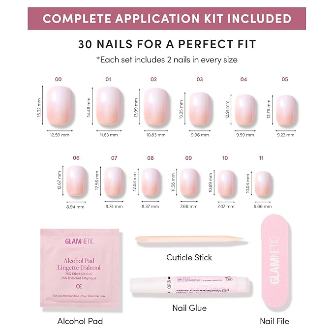 Glamnetic Press On Nails - Soft Whip | Glazed Super Short Nude Fake Nails with Ombré, Extra Short Salon Quality Neutral Nails | 12 Sizes - 30 Nail Kit with Glue