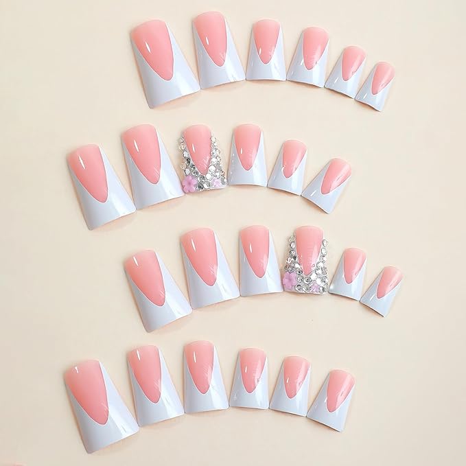 Handmade French Tip Fake Nails - Pink Full Cover Diamond Flower Designs, Glossy Glue On Nails for Women & Girls