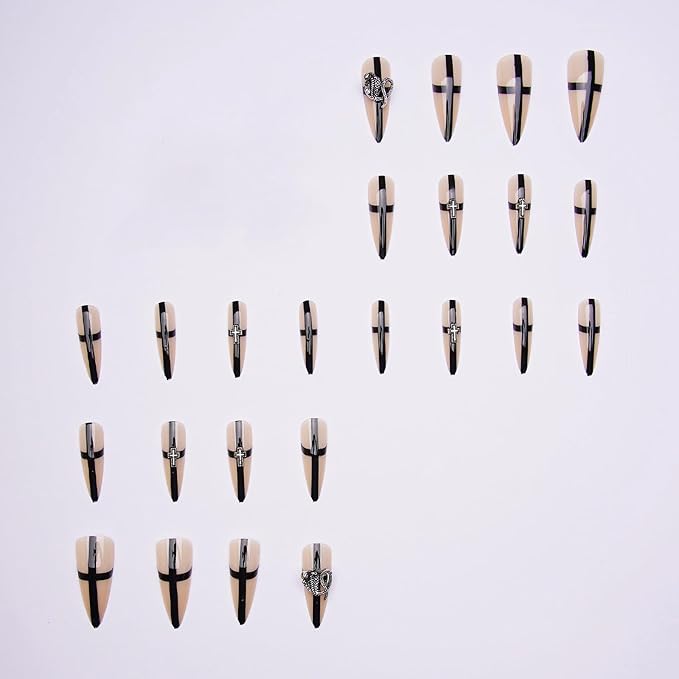MISUD Press on Nails - Long Stiletto Fake Nails with Goth Black Cross, Acrylic Y2K Charms Design 24 pcs