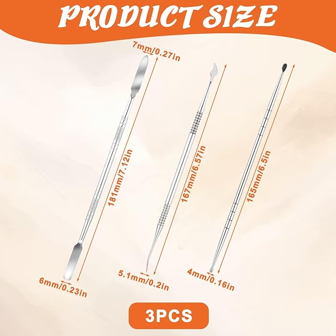 3 Pcs Nail Art Sculpture Pen, Stainless Steel 3D Gel Nail Art Sculpting Tool Dual Tipped Dotting Tool Dual-Head Fingernail Polish Design Tools for Salon Home DIY Foil Carving Drawing (Silver)