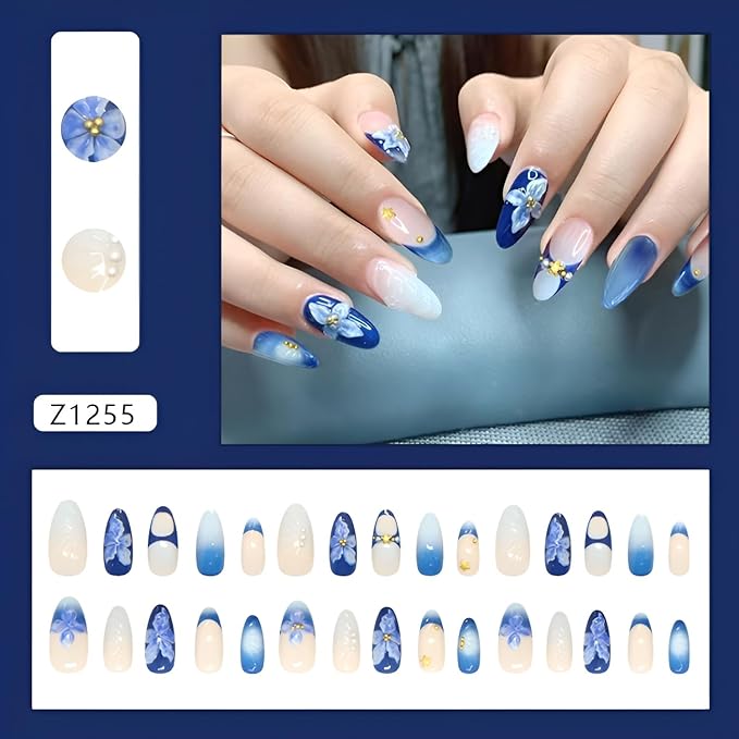 Blue Press on Nails Medium Almond Fake Nails French Tip Glue on Nail Flower Nails Press Ons with Rhinestones Design Glossy False Nails Acrylic Stick on Nail for Women Decorations 24Pcs