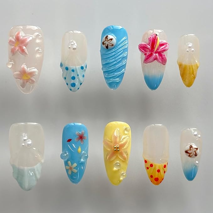 Luxury Press on Nails Medium Almond Handmade 3D Unique Reusable ABS Material Fake Nails French Tip False Nails with Designs Flower Pearls Water Drop Summer Glossy Glue on Nail Thick Acrylic Nail(M)