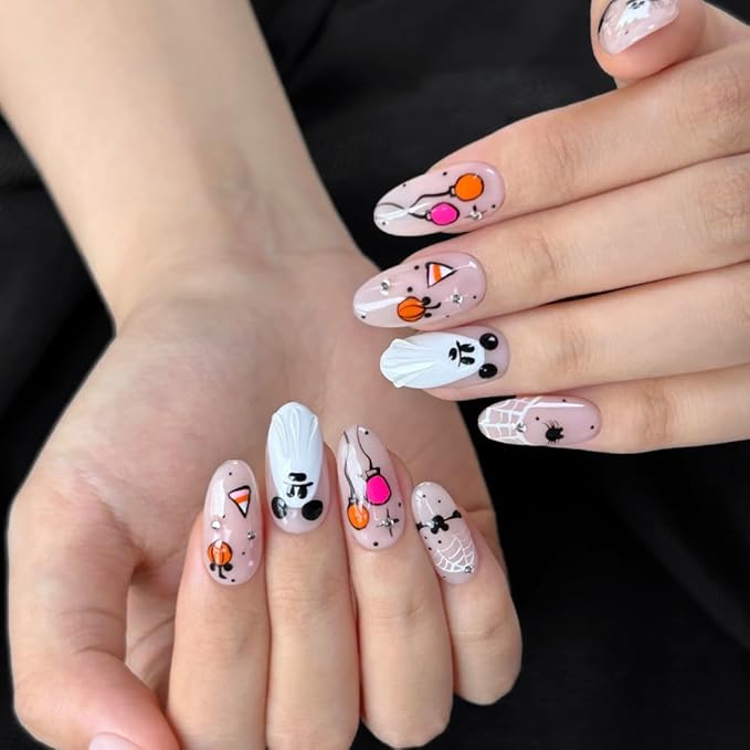 Press On Nails Handmade Medium Length Oval Fake Nails, Painting Cute Ghosts Design,10 Pcs Reusable ABS Material Finger Painting Fingernail Tip Salon Artificial Nails Kit (Size M）