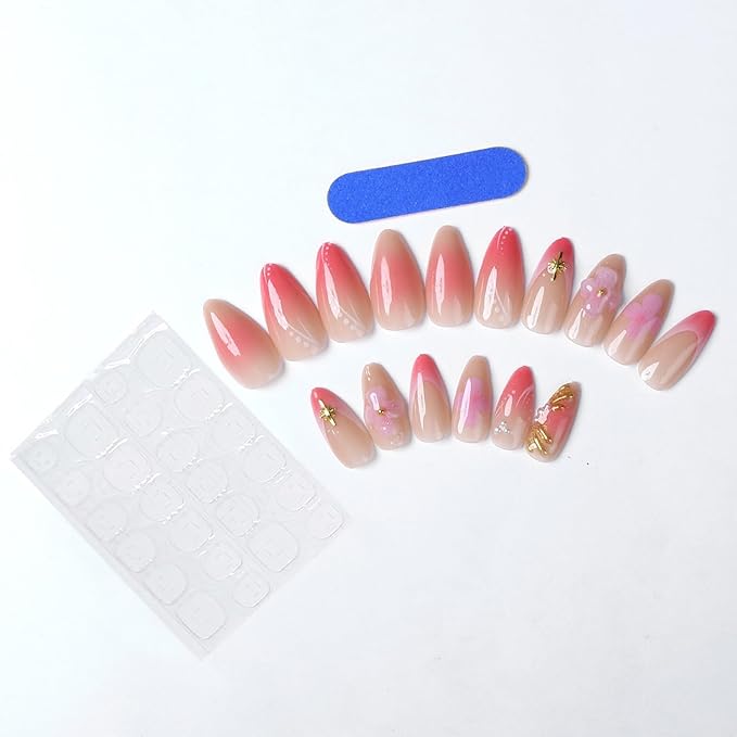Press on Nails Medium Almond Fake Nails 3D Flowers Artificial Nail French Pink Stick on Nail for Women 30pcs