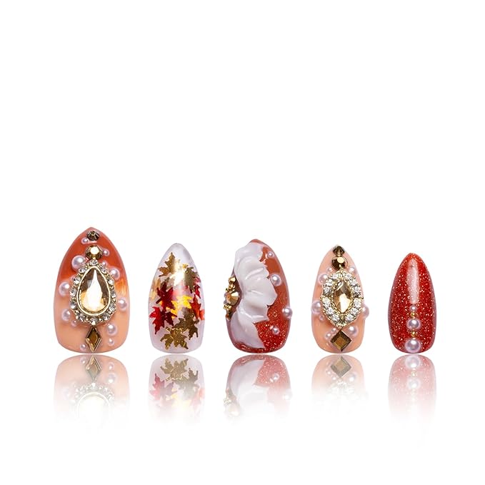 LOVFUL Press on Nails Golden Cascade | Handmade with Full Covered Crystals | Reusable Fake Nails | Almond Regular 1.0 in | H343-L