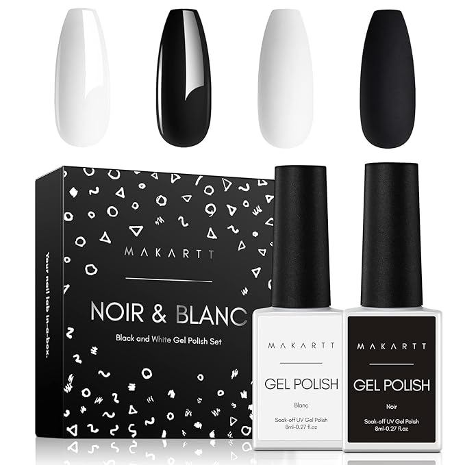 Makartt Black White Black White Nail Gel Bundle with Nail Dehydrator and Nail Primer Kit Noir & Blanc Set Soak Off LED Nail Gel Polish Nail Art Bonder for Nail Prepping, Superior Bo