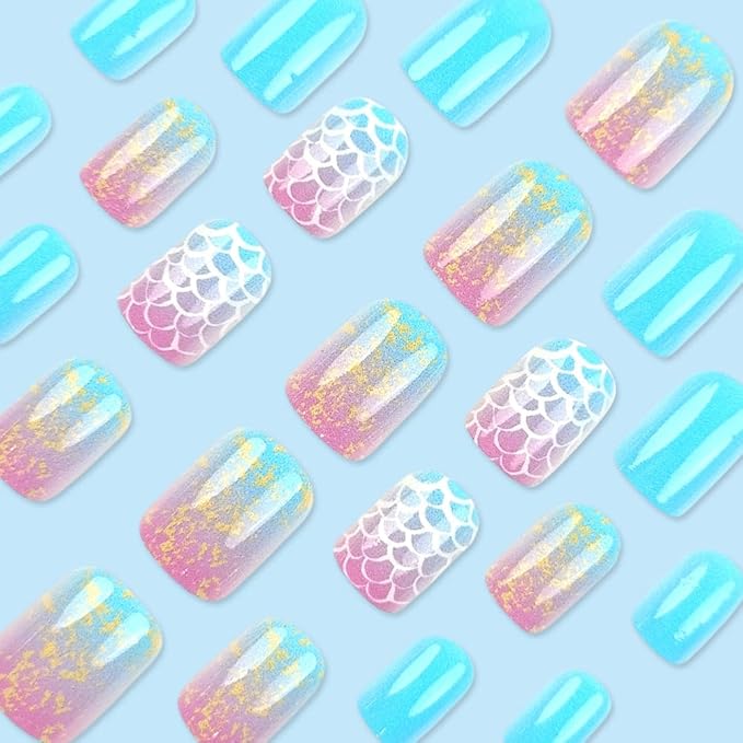 Press On Nails Summer Fake Short Square False Nails Press ons Gradient Designs Acrylic Stick On Nails Tips Glue On False Nails Kit For Women Manicure Decoration