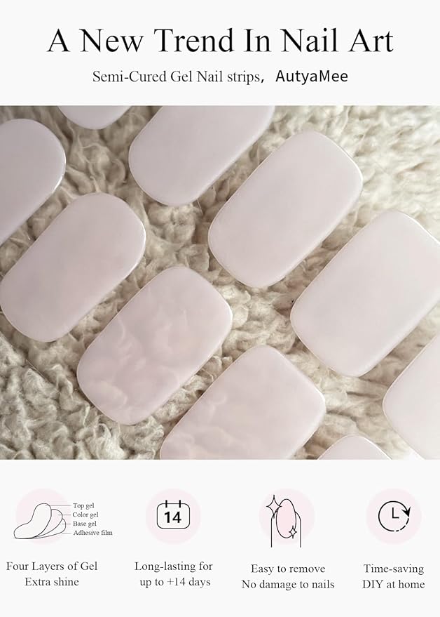 Semi Cured Gel Nail Strips (Matte Milky Pink), Translucent, 20 PCS Gel Nail Wraps, Stickers, UV Light Required, Salon Quality, Long Lasting
