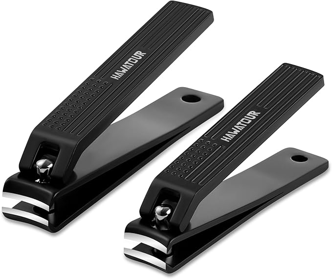 HAWATOUR Nail Clippers Set, Ultra Sharp Curved Blade Fingernail and Toenail Clipper Cutters with Visibly Tin Case, Squares and Stripes, Black