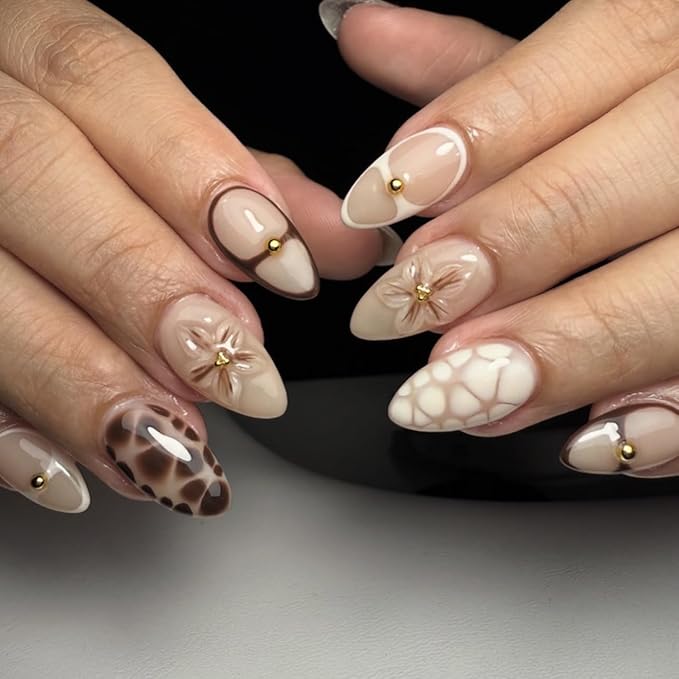 Short Almond Press on Nails - Flower Fake Nails with Brown Crack Design - Fall Glossy Full Cover Stick on Nails - for Women Manicure 24 Pcs