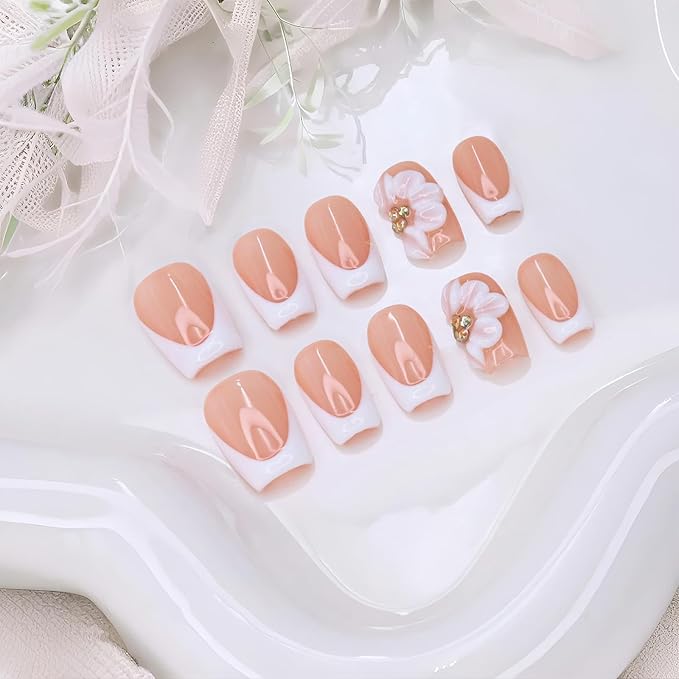 White Flower Press on Nails Thick and Muti-Layer Gel Short Coffin Fake Nails French Tip False Nails with 3D Rhinestone Designs Full Cover Artificial Stick on Nails for Women DIY (Size M)
