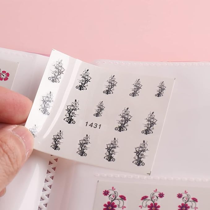 120 Slots Nail Stickers Storage Book Empty Nail Stickers Album Holder Photo Collection Book Water Decals Display Showing Shelf Binder Stencils Collecting Card Case Manicure Tools (Pink Flowers)
