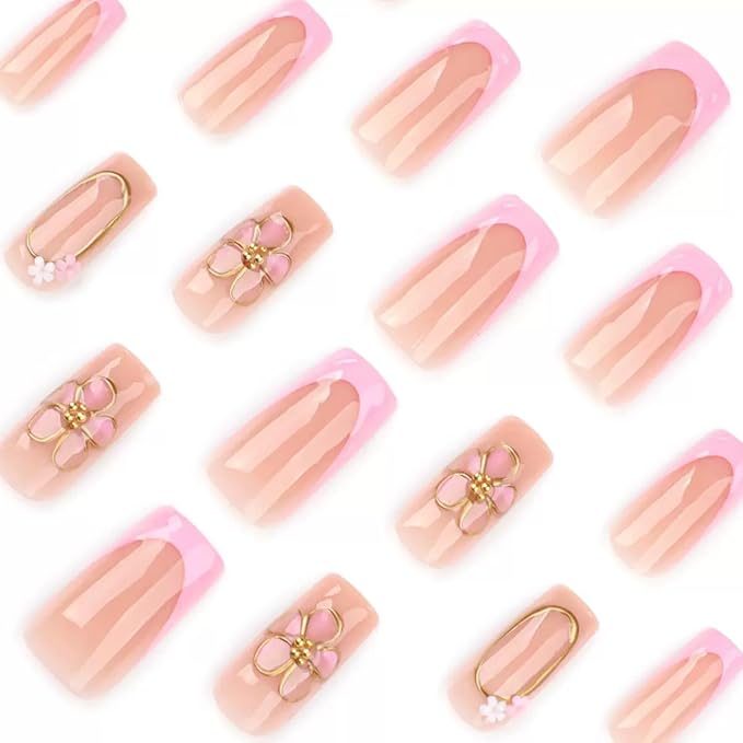 Medium Press on Nails Square - Pink French Tip Fake Nails - Flower, Gold Line Design False Nails Press ons - for Women 24 Pcs