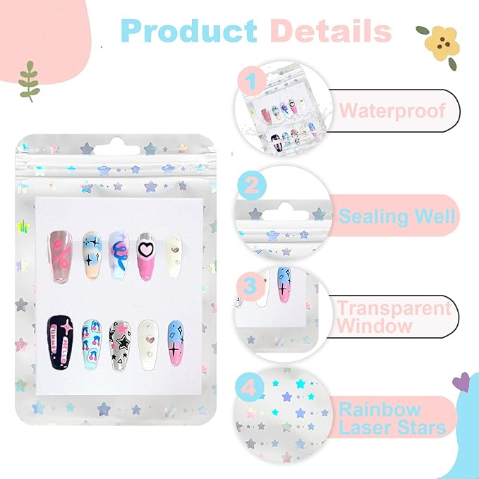 100 PCS Press On Nails Packaging Bag Holographic Nail Storage Bag and 100PCS Shiny White Pearl Card with 7 Sheets Pre-cut Nail Tape (White Star)