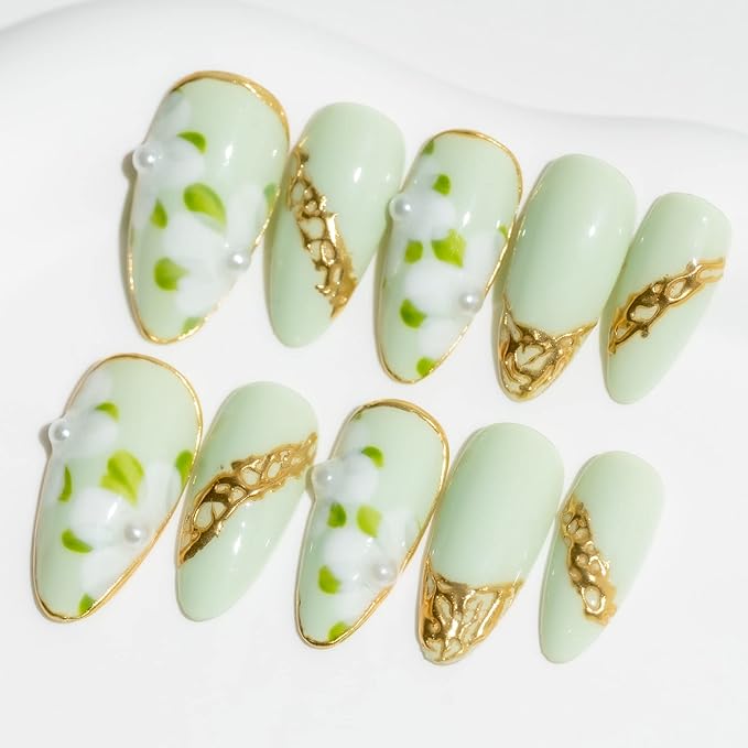 Sun&Beam Nails Handmade Medium Long Almond Green False Nail Tips with Cute 3D Pearl Popular Charm Design Press On Nails 10 Pcs (#78 L) (FN-HM-078-L.AU)