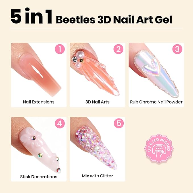 Beetles 3D Gel Nail Art & 3D Mold Pastel Playland-2 Pcs Clear Solid Builder Gels Non-Sticky Sculpting with Dual-Ended Sculpture Pen & 24 Pcs Dual Froms,Beginner Friendly DIY at Home,UV LED Lamp Needed