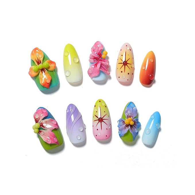 Handmade Press on Nails Medium Almond - 3D Luxury Colorful Flower Press on Nails Designs Thick Acrylic and Muti-Layer Gel False Nails Full Cover Gradient Fake Nails Stick on Nails for Women (Size M)