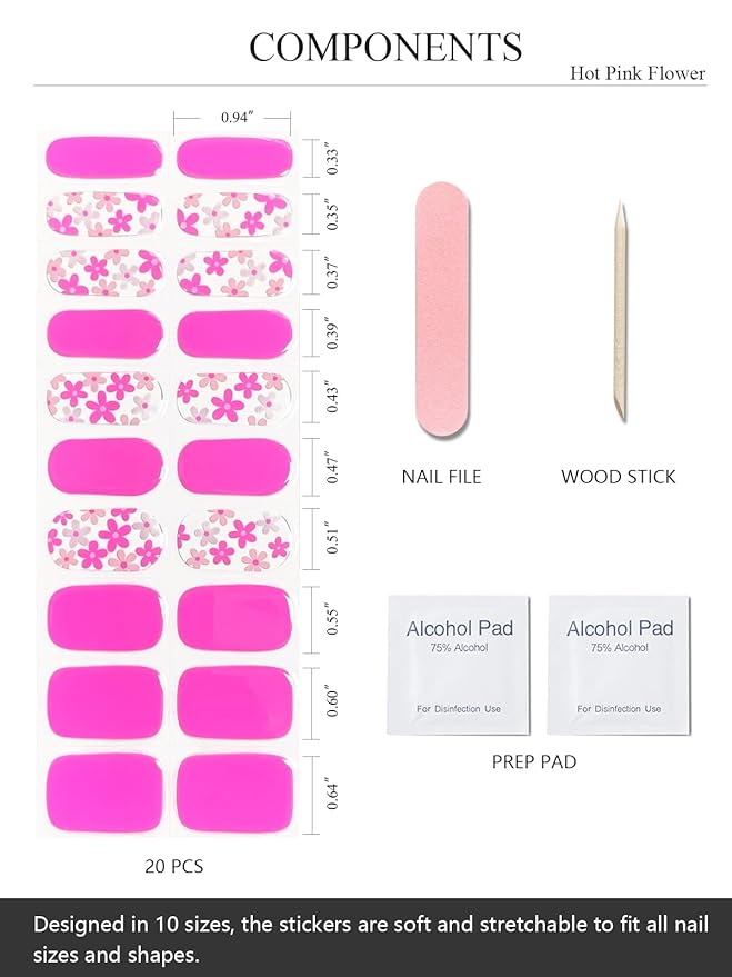 Semi Cured Gel Nail Strips (Hot Pink Flower), 20 Pcs Summer Gel Nail Wraps, Stickers, UV Light Required, Salon Quality, Long Lasting
