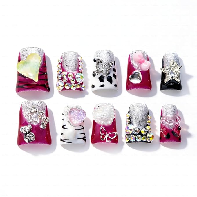 10 Pieces Luxury Acrylic Press On Nails Short Handmade Duck Nails, Pink Thickened False French Nails, 3D Hearts, Butterflies And Stars, Reusable Fake Nails, Acrylic Nails (L)