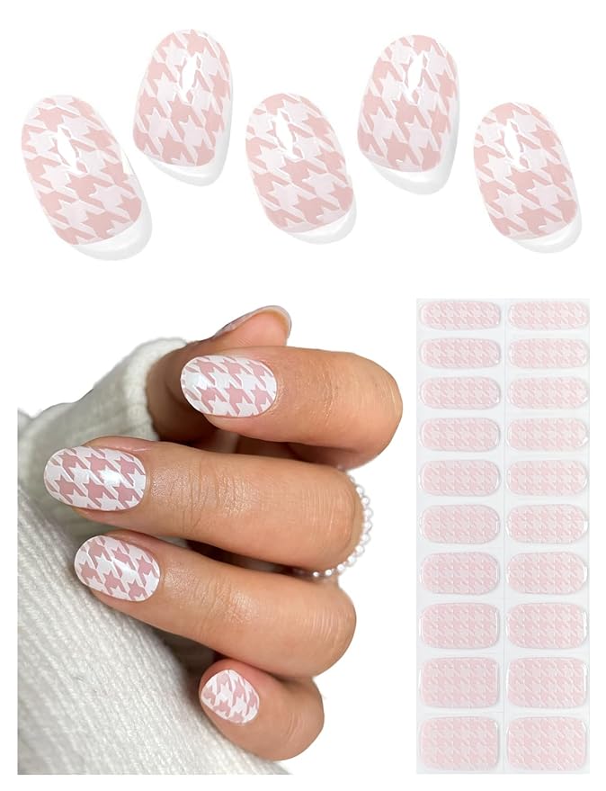 Semi Cured Gel Nail Strips (White Houndstooth), 20 Pcs Gel Nail Wraps, Stickers, UV Light Required, Salon Quality, Long Lasting