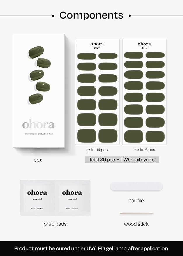 ohora Semi Cured Gel Nail Strips (N Cream Moss) - Green, Solid, Works with Any UV/LED Lamps, Salon-Quality, Long Lasting, Easy to Apply & Remove - Includes 2 Prep Pads, Nail File & Wooden Stick