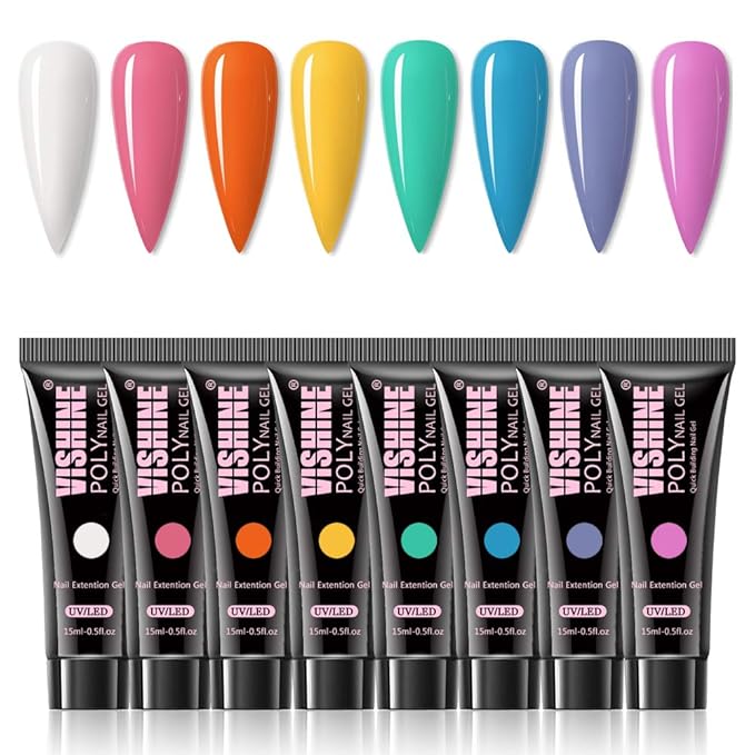 Vishine Poly Nail Extension Gel Kit - 8 Colors, 48W LED UV Lamp, Builder Gel, Slip Solution, Base Top Coat, Rhinestone Nail Manicure Beginner Starter Kit