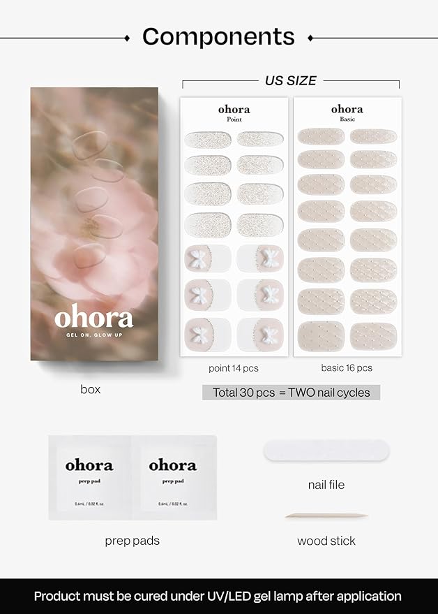 ohora Semi Cured Gel Nail Strips (N Grace Bloom) - White, Gem, Works with Any UV/LED Lamps, Salon-Quality, Long Lasting, Easy to Apply & Remove - Includes 2 Prep Pads, Nail File & Wooden Stick
