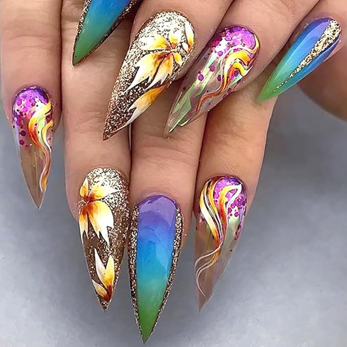 evpct Fall Press on Nails Medium Almond Maple Leaf Design, Purple Blue Green Ombre Sparkle Glitter Silver Glossy Fake Nail Kit for Women Girls, 24Pcs Perfect Fit Reusable Stick on Nail Press ons