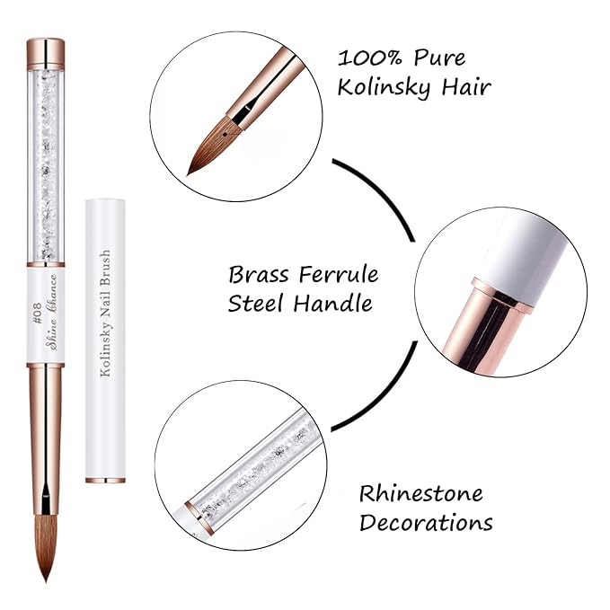 2Pcs Acrylic Nail Art Brushes Size 8, 100% Pure Kolinsky Hair Oval Nail Brush for Acrylic Application, Professional Nail Extension Manicure Tool Striping Nail Drawing Pen for Home