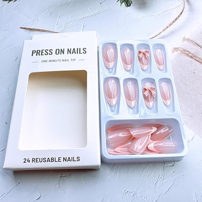 24pcs French Tip Press on Nails Medium Almond Fake Nails with Charms Designs Bow False Nails Stick on Nails Full Cover Glossy Artificial Nails for Women Girl Nail Decoration Supplies
