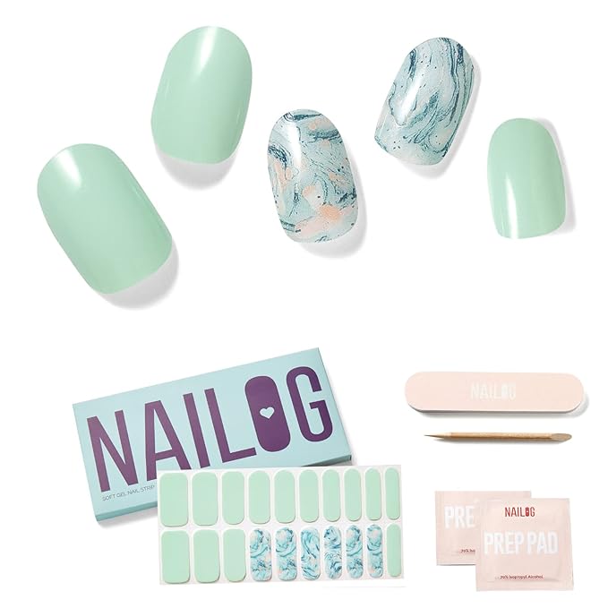 NAILOG Semi Cured Gel Nail Strips (20 Extra Long Polish Stickers/Wraps) │ Glossy & Long Lasting Soft Gel Finishing (Summer Breeze)