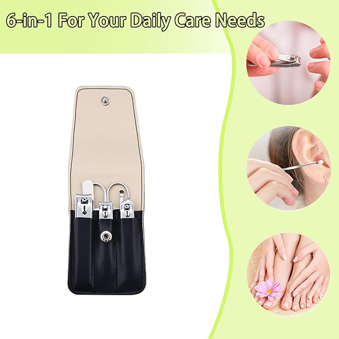 Nail Clippers Set, 6 Pcs Toenail Clippers Stainless Steel Fingernail Clippers Manicure Set with Leather Case, Idea Gift for Christmas Stocking Stuffers, Black