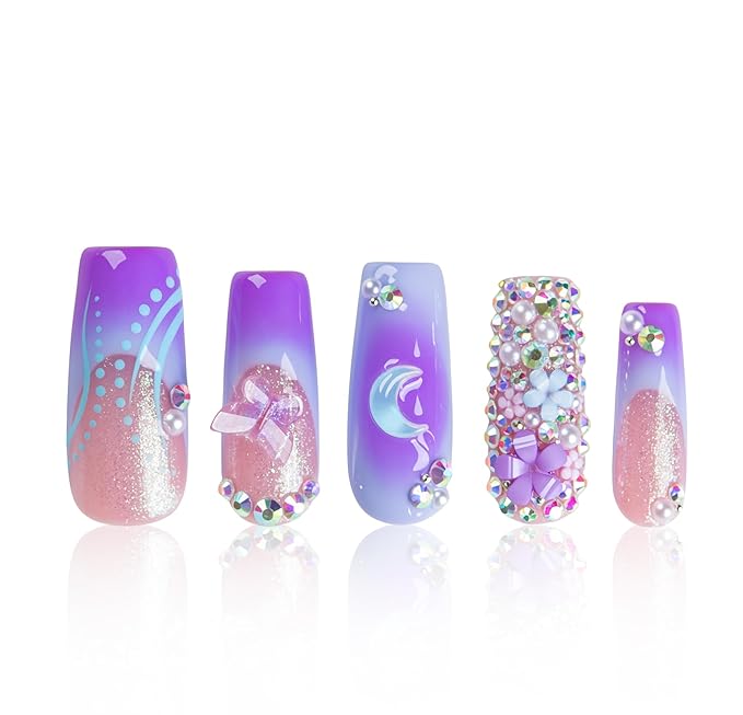 LOVFUL Short French Tip Press on Nails Lilac Stardust | Handmade Acrylic Press ons| Reusable Fake False Nails | Square Classic Regular 1.3in | H743-L