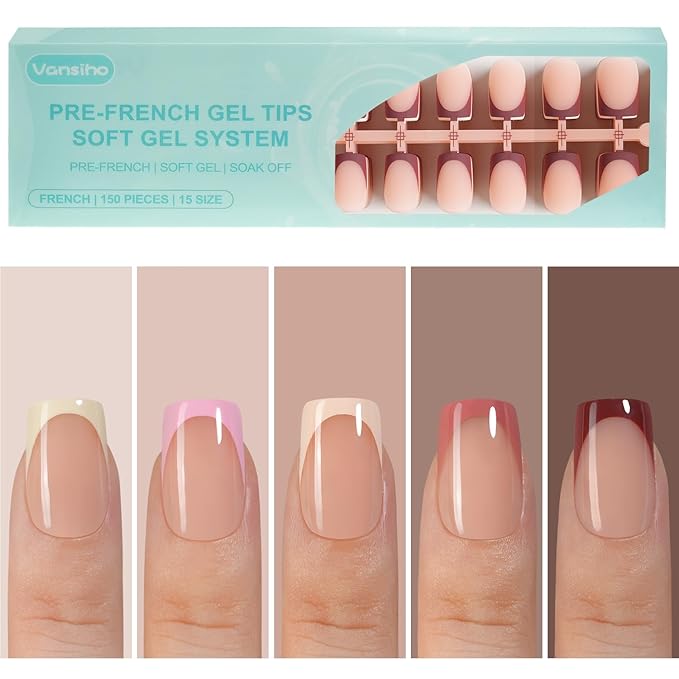 150 Pcs Gel Nail Tips, French Tip Press on Nails, Vansiho Short Square Nail Tips, Pre-French Tips Press on Nails, Acrylic Fake Nails for Nail Art DIY 15 Sizes