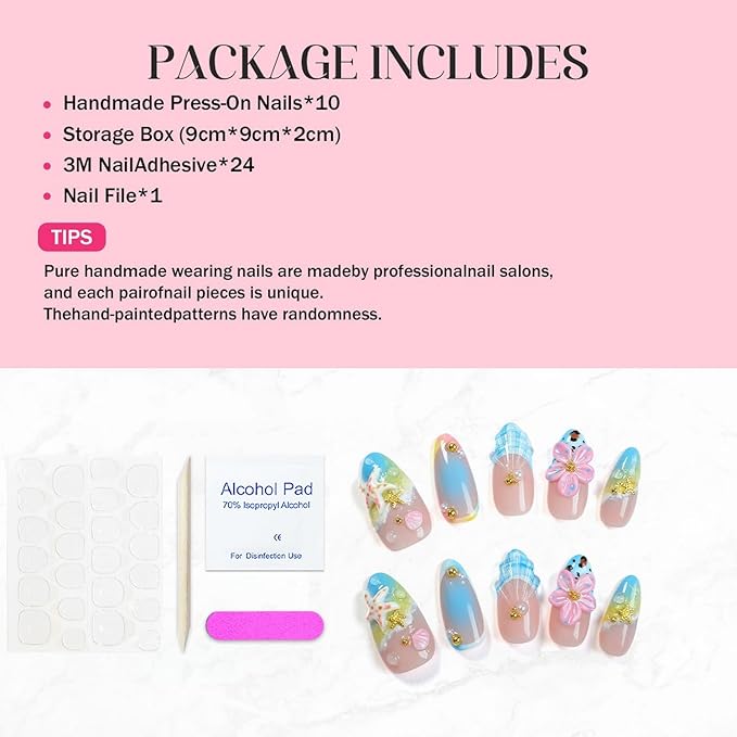 Handmade Press on Nails Summer Beach 3D Seashell Starfish False Nails Designs Full Cover French Thickened Acrylic Nails Flower Fake Nail Medium Almond Gradient Stick on Nail for Women (Size S)
