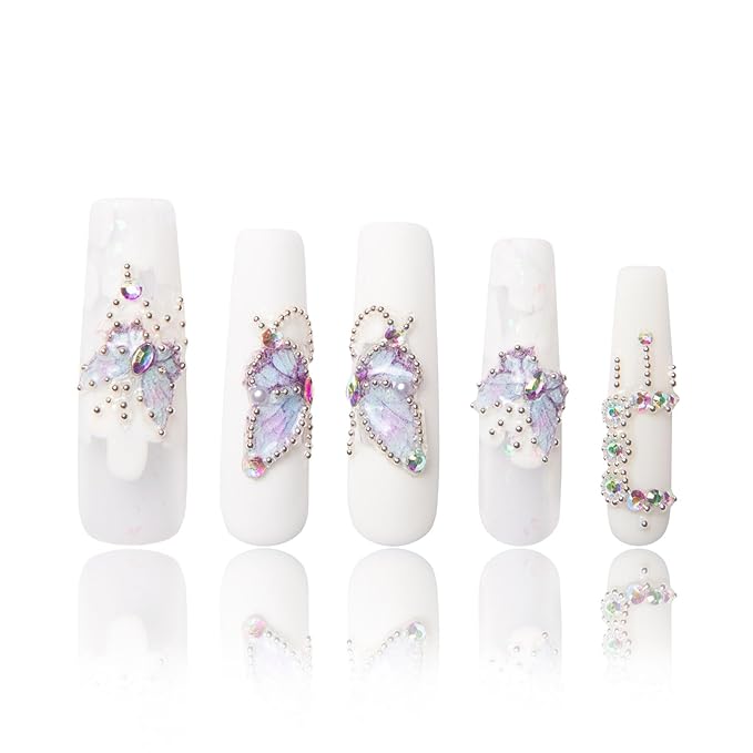 LOVFUL Press on Nails Holly Blue| Handmade with Full Covered Crystals| Reusable Fake Nails| Square Mid length 1.7in| H23-S